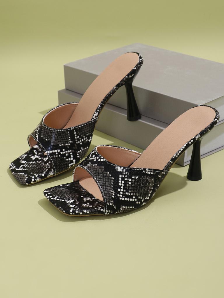 Женские туфли большого размера с квадратным носком на тонком высоком каблуке, сексуальные шлепанцы с открытым носком и рисунком змеиной кожи