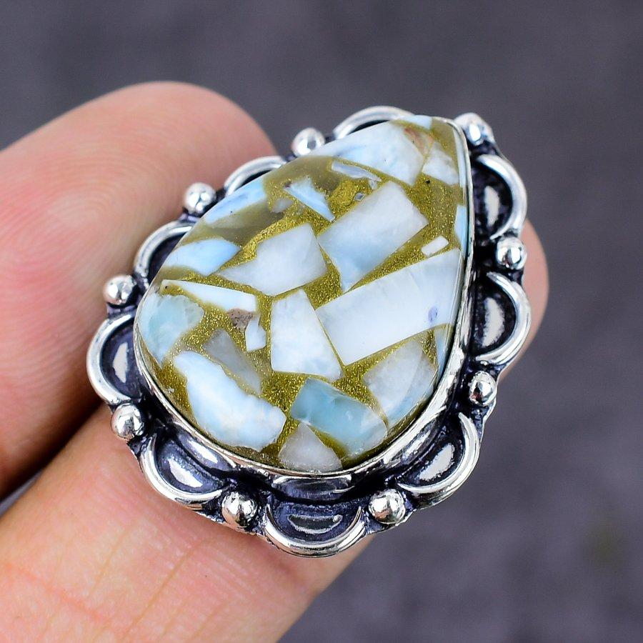 Кольцо ручной работы из стерлингового серебра 925 пробы с натуральным медным камнем Ларимар, размер 7,5 K9N19