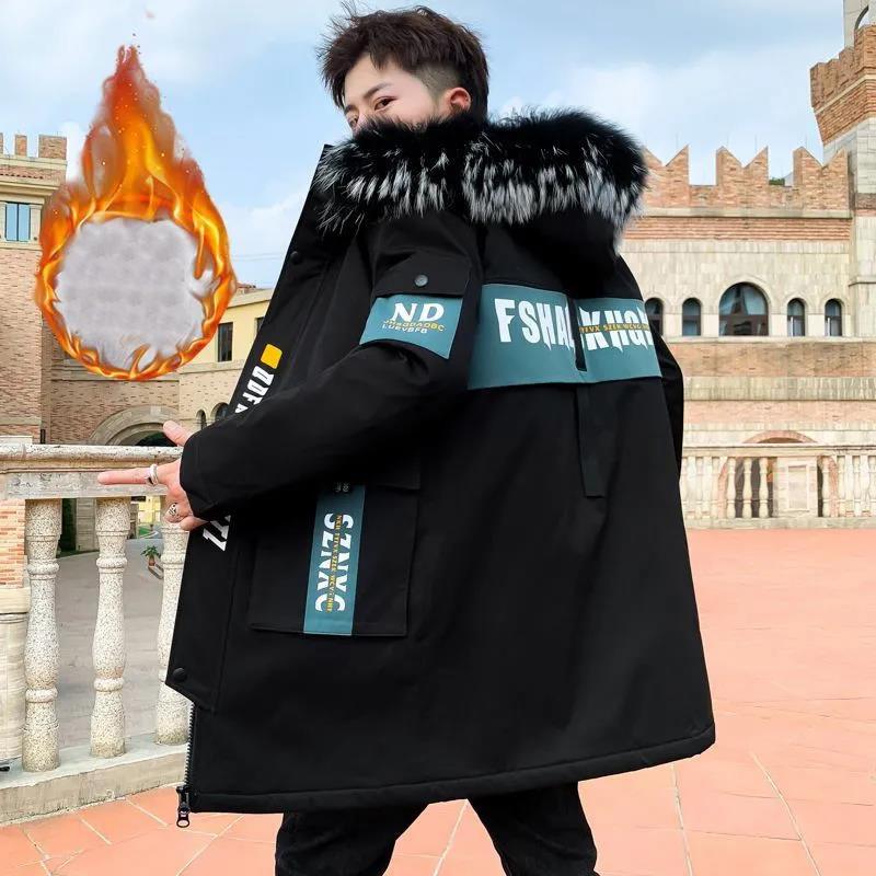 Пуховик с большим меховым воротником, мужская зимняя утолщенная хлопковая куртка, верхняя одежда средней длины с капюшоном, повседневная куртка, теплые пуховые пальто на дикой молнии