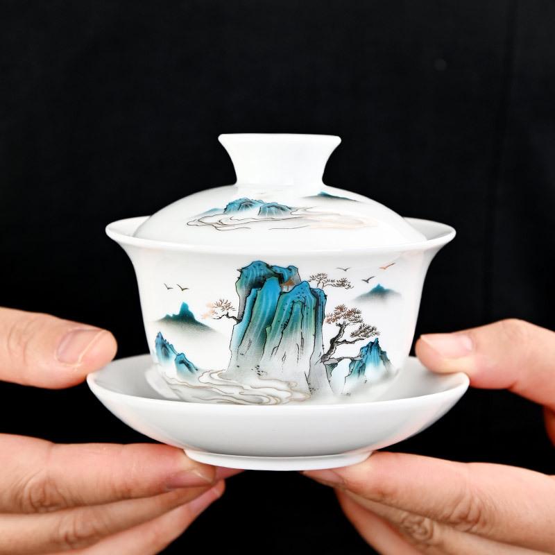 Craftsman Taihui's new high-white household hand-painted gold-painted white porcelain Sancai cover bowl ceramic tea set tea bowl printed tea