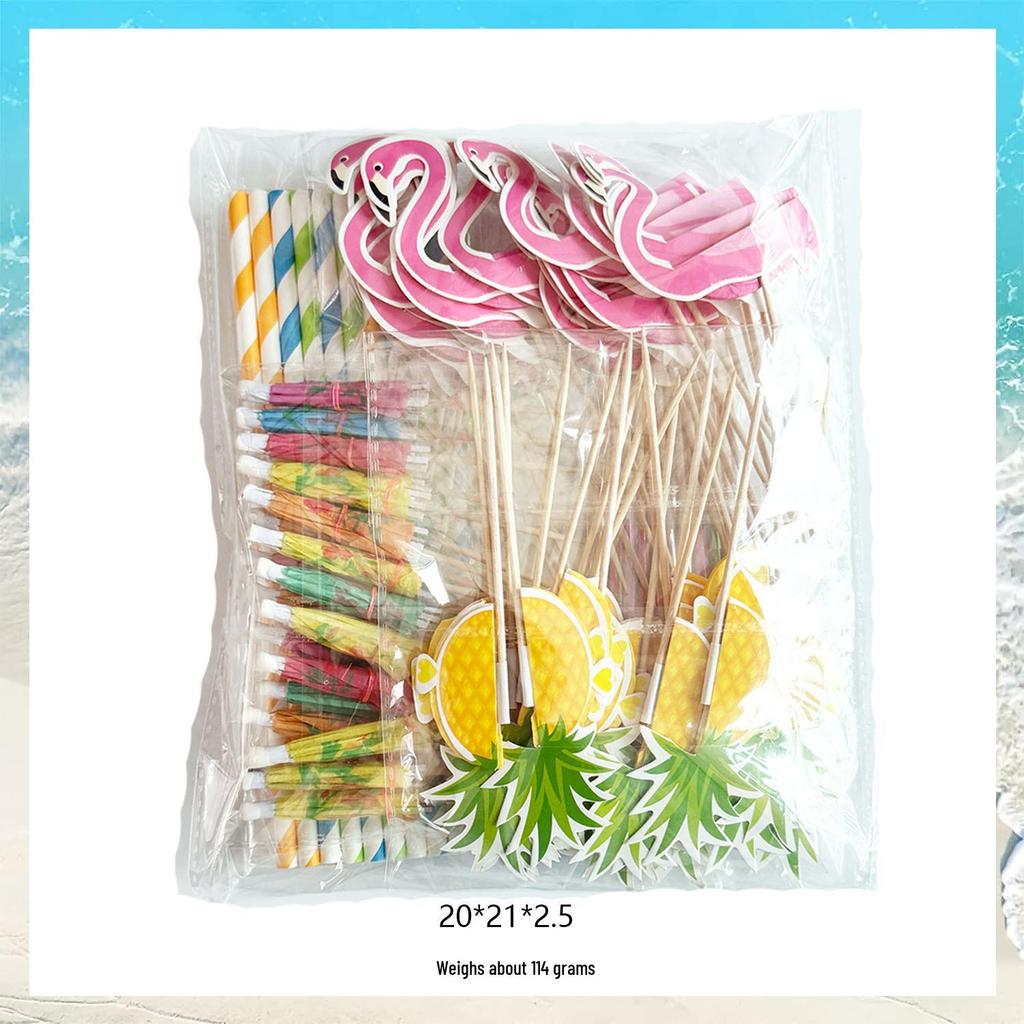 Hawaiian Party Set: 100PCS Colorful Paper Straws, Umbrella Picks, Fruit Picks, Honeycomb Pineapples, Flamingos, Firework Picks