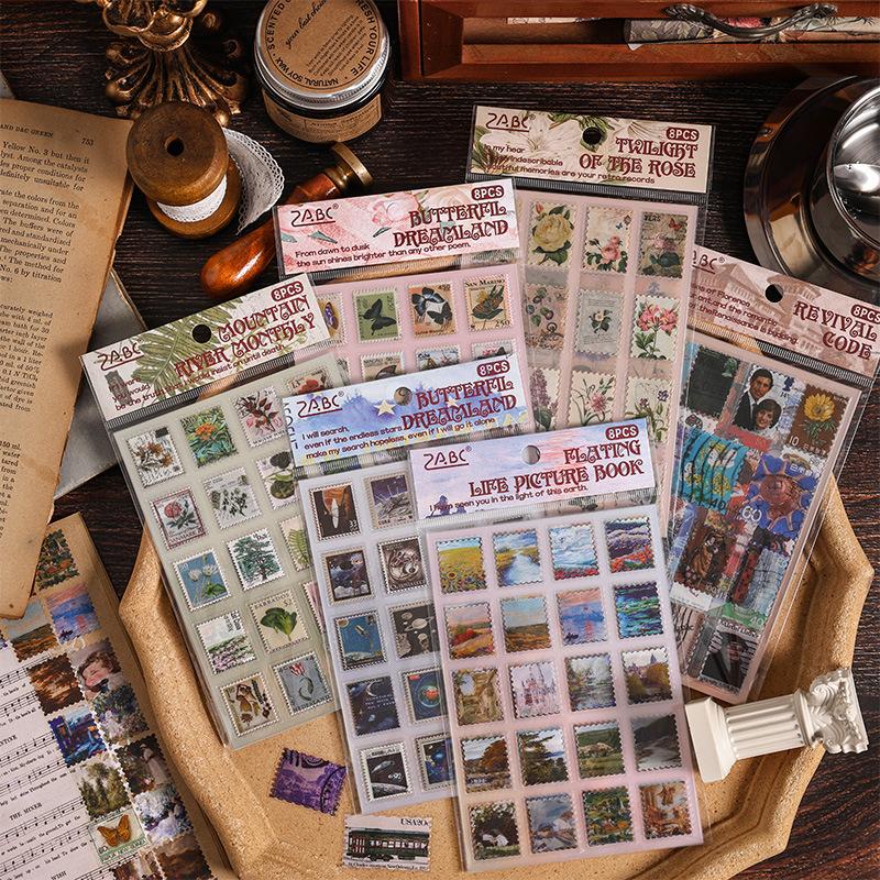 8 Sheets Vintage Stamp style Stickers Decorative Diary Album Scrapbooking material handmade DIY Junk Journal Supplies