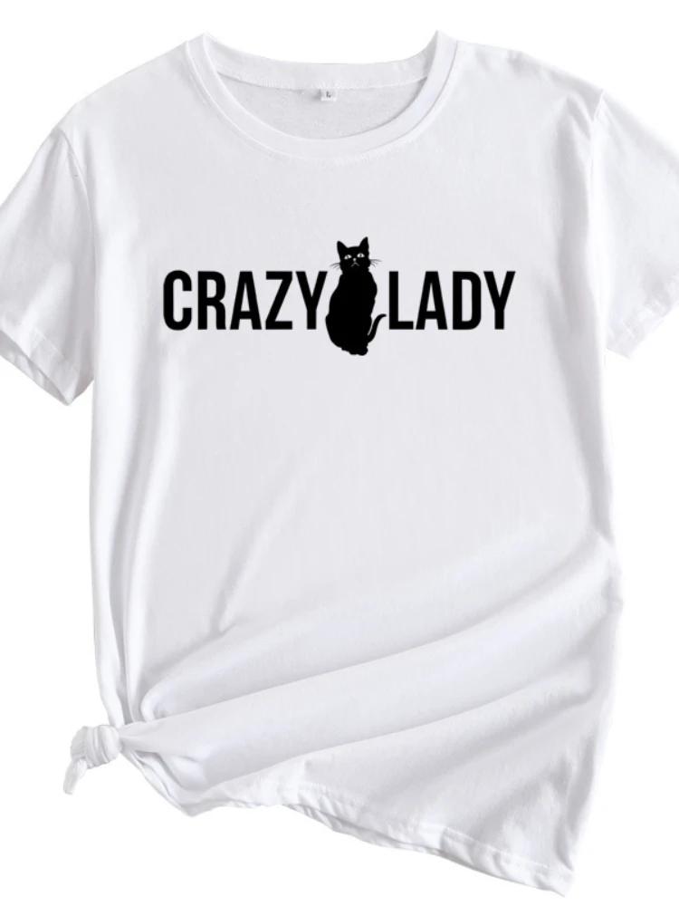 Crazy Lady Cat Print Женская футболка с коротким рукавом и круглым вырезом Свободная женская футболка Женская футболка Топы Camisetas Mujer