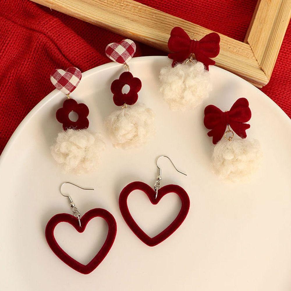 Bowknot Women Fashion Christmas Earrings Jewelry Gifts Heart Stud Earrings Red Velvet Ear Clip