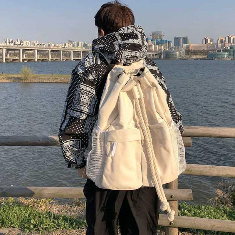 Vintage Student Women All Games Casual Backpacks Chic Cord Drawstring High Capacity Canvas Streetwear Simple Backpacks New