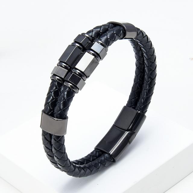 Mens Fashion Jewelry Multilayer Genuine Leather Bracelets Bangles Geometric Stainless Steel Charm Bracelet Men Gifts