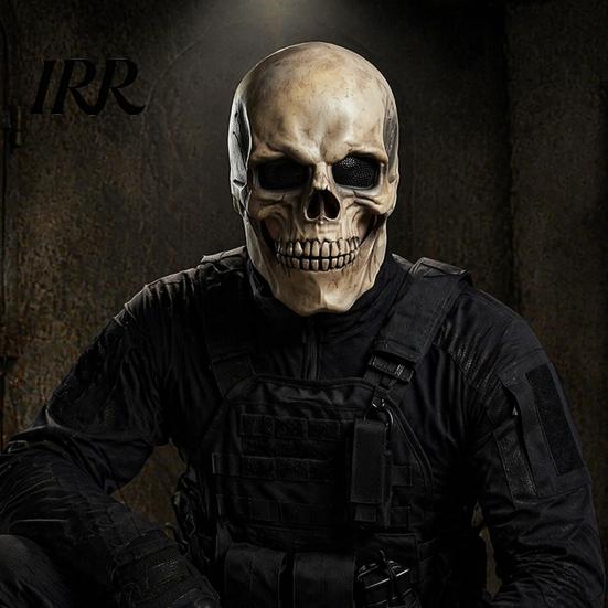 Realistic Bone Texture Masque Creepy Halloween Full Head Skull with Movable Jaw, Scary Breathable Mesh Eye Skeleton Latex Helmet Eyes for Adults
