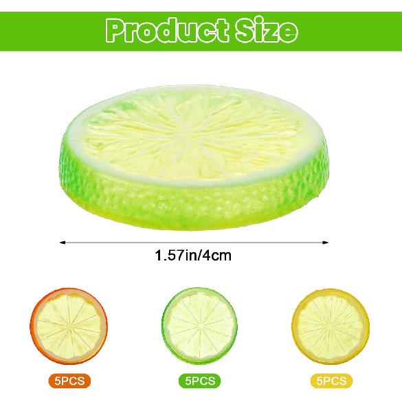 15 Pcs Fake Lemon Slices Plastic Lemons Decor Artificial Faux Lemon for Kitchen Home and Party Decoration (Yellow, Orange, Cyan)