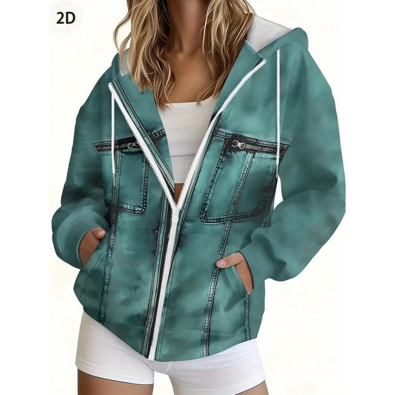 Womens Zip-Up Hooded Sweatshirt With Denim-Style Print Streetwear Oversized Cardigan Fall 2025 Casual Outerwear