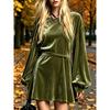 Autumn and winter new Korean velvet solid color dress round neck lantern sleeve lace-up short skirt women's clothing