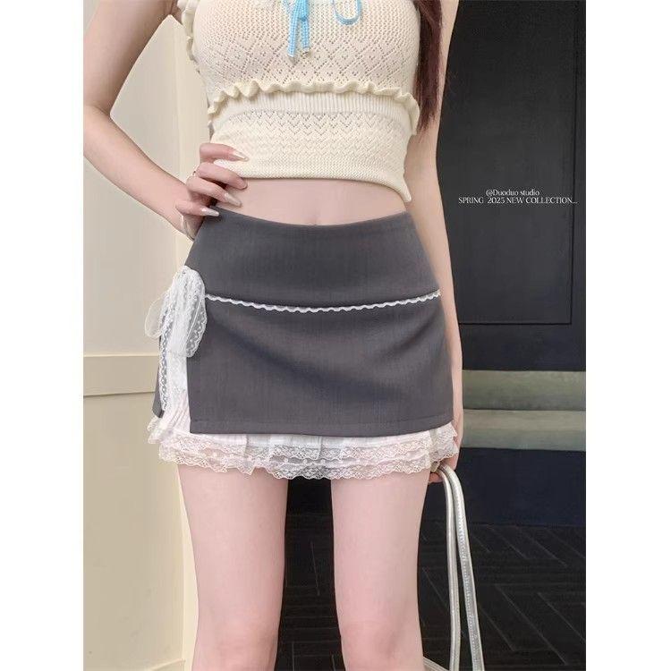 Y2K черная мини-юбка с разрезом для женщин Kawaii Bow кружева пэчворк бедра юбки с запахом летняя корейская мода белые юбки А-силуэта