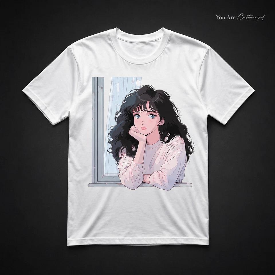 Anime Girl Window Graphic T Shirt Black or White Unisex Aesthetic Manga Tee 1