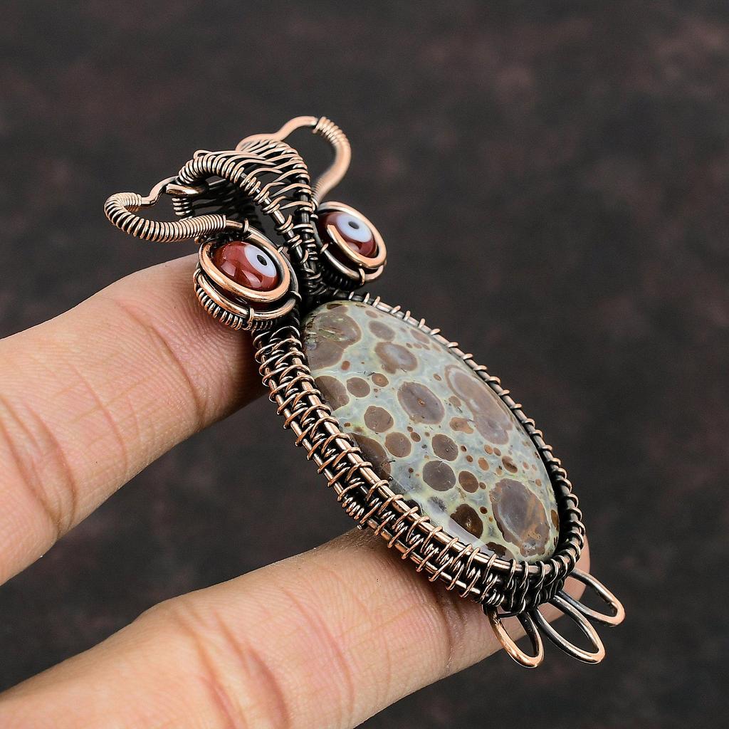 Asteroid Jasper Pendant Red Color Evil Eye Pendant Copper Wire Wrapped Pendants Unique Owl Jewelry Handmade Pendant Gemstone Copper Jewelry