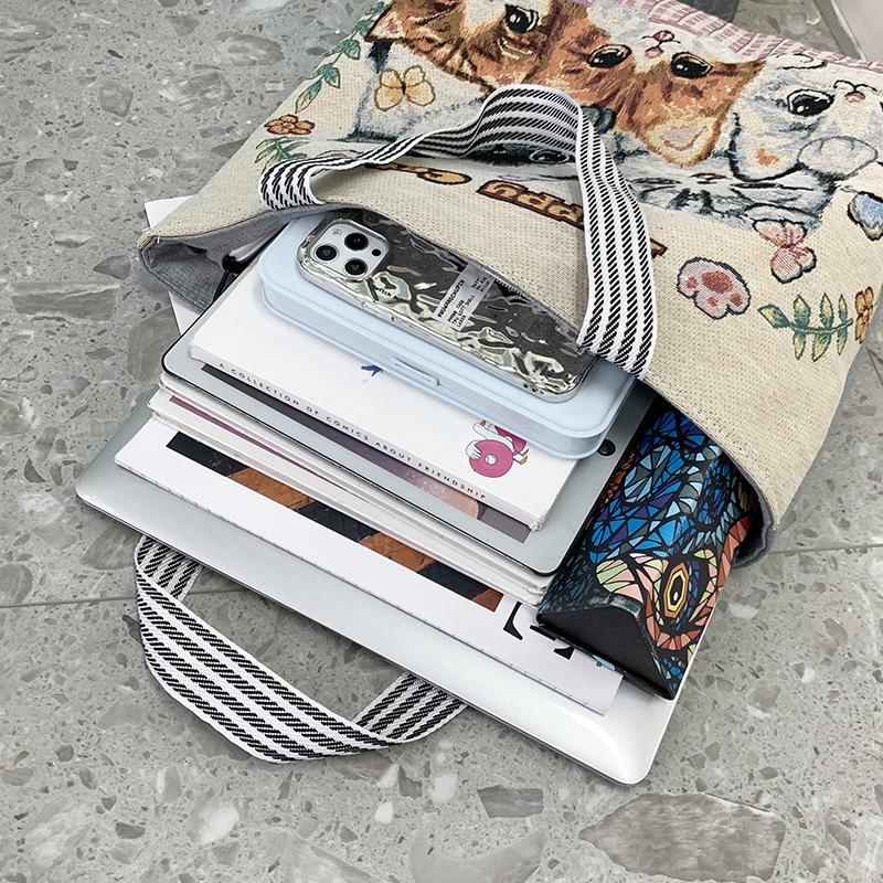 Портативная жаккардовая сумка Котенок Большая вышитая холщовая сумка Шоппинг Мода На плечо Женская сумка Сумка-тоут