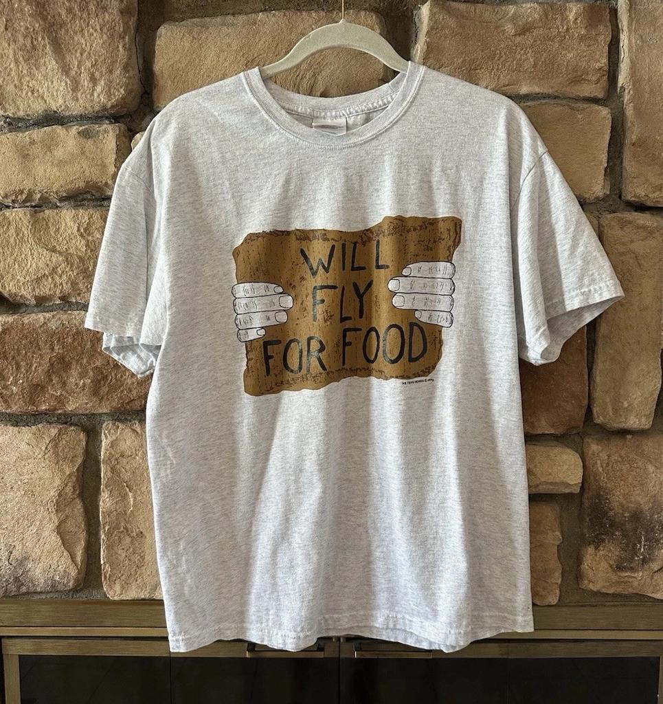 VTG 90s 1992 Will Fly For Food T-Shirt Mens Size L Gray USA Comedy Humor