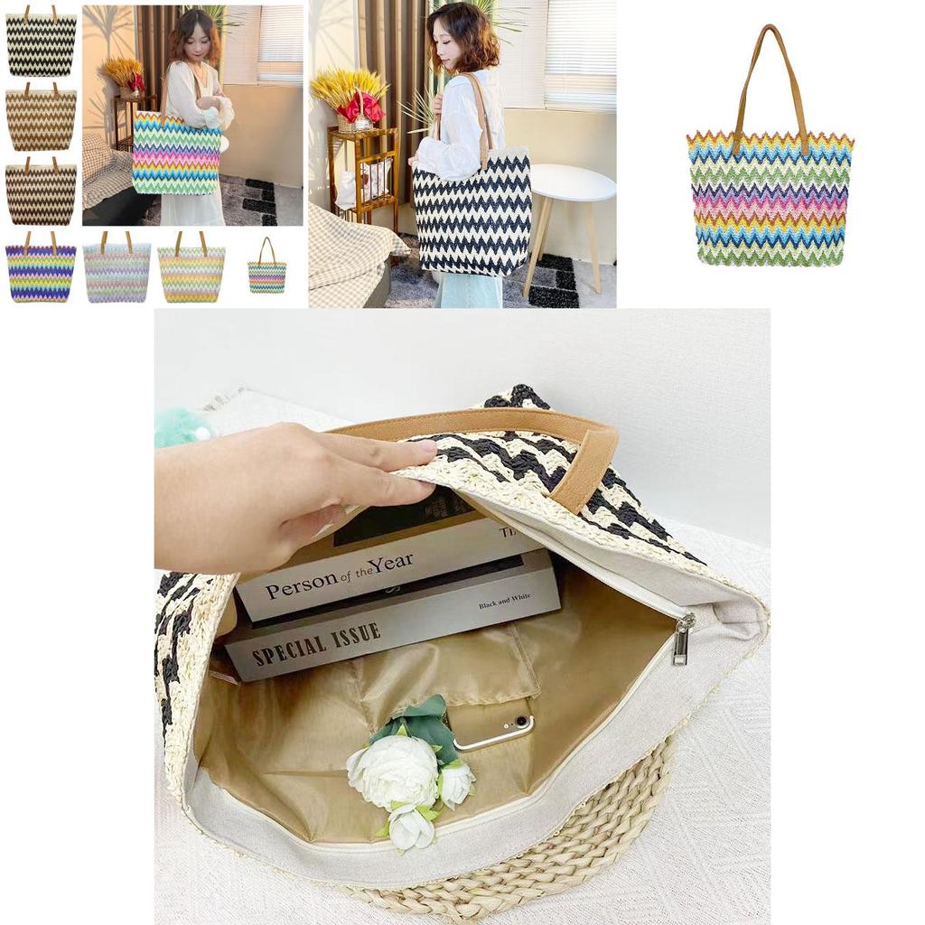 Large Wavy Woven Tote Bag With Zipper Closure For Daily Use And Ecofriendly Style
