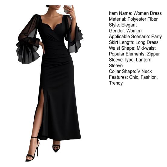 Women's V Neck Maxi Dress Sexy Mesh Long Lantern Sleeve Slit Long Evening Dress