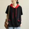Women Cotton Short Sleeve Pullover Hoodie Loose Fit Solid Pocket Sweatshirt Top Red Black