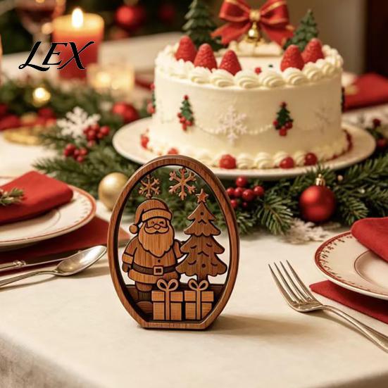 Handmade Wooden Holiday Signs 3Pcs Christmas Santa Claus And Tree Ornaments, Oval Table Boxwood Ornaments Centerpiece, Solid Wood Desktop Ornament for