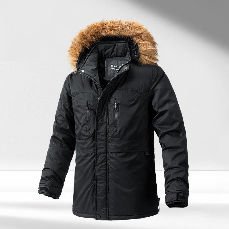 Winter Velvet Pie Overcome Men's Casual Warmth Medium and Long Trench Coat Jacket Hooded Fur Collar Cotton Coat Men