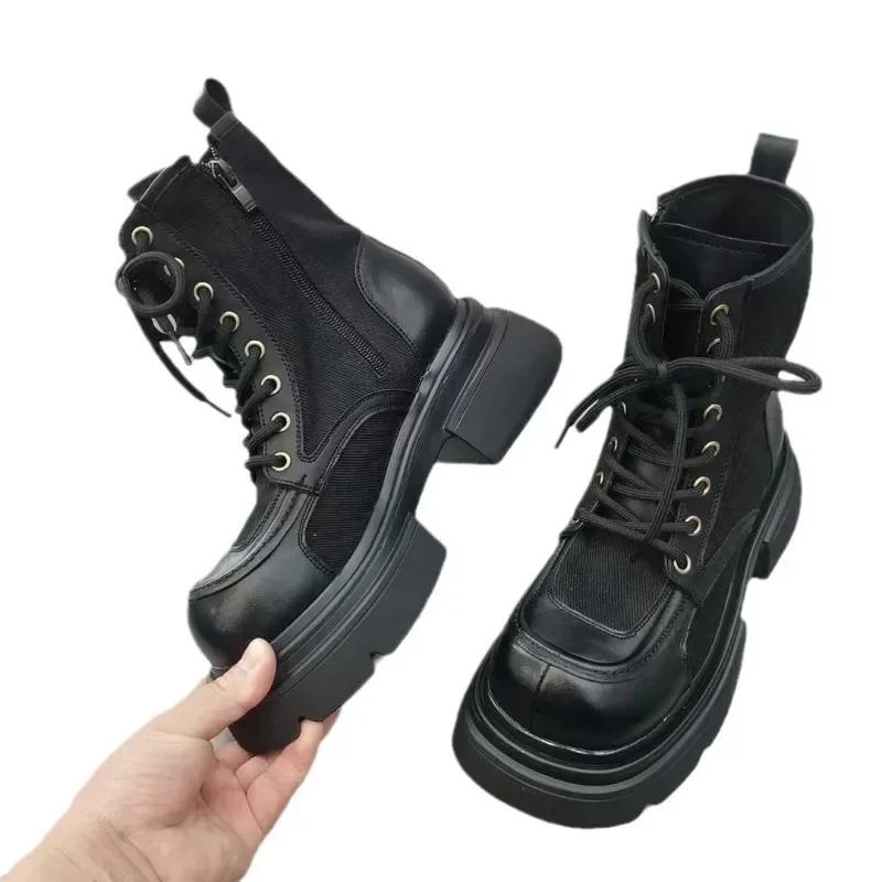 Ankle Boots for Women Chunky Platform Motorcycle Booties Female Shoes Designer Round Toe Short Boots Ladies Lace Up Work Boots