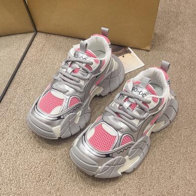 Серебристые женские осенние новые сетчатые дышащие и легкие повседневные спортивные туфли на толстой подошве