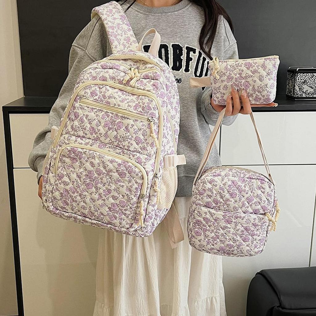 Backpack Cute Backpack Set 3 Floral Quilted Backpack With Small Crossbody Bag