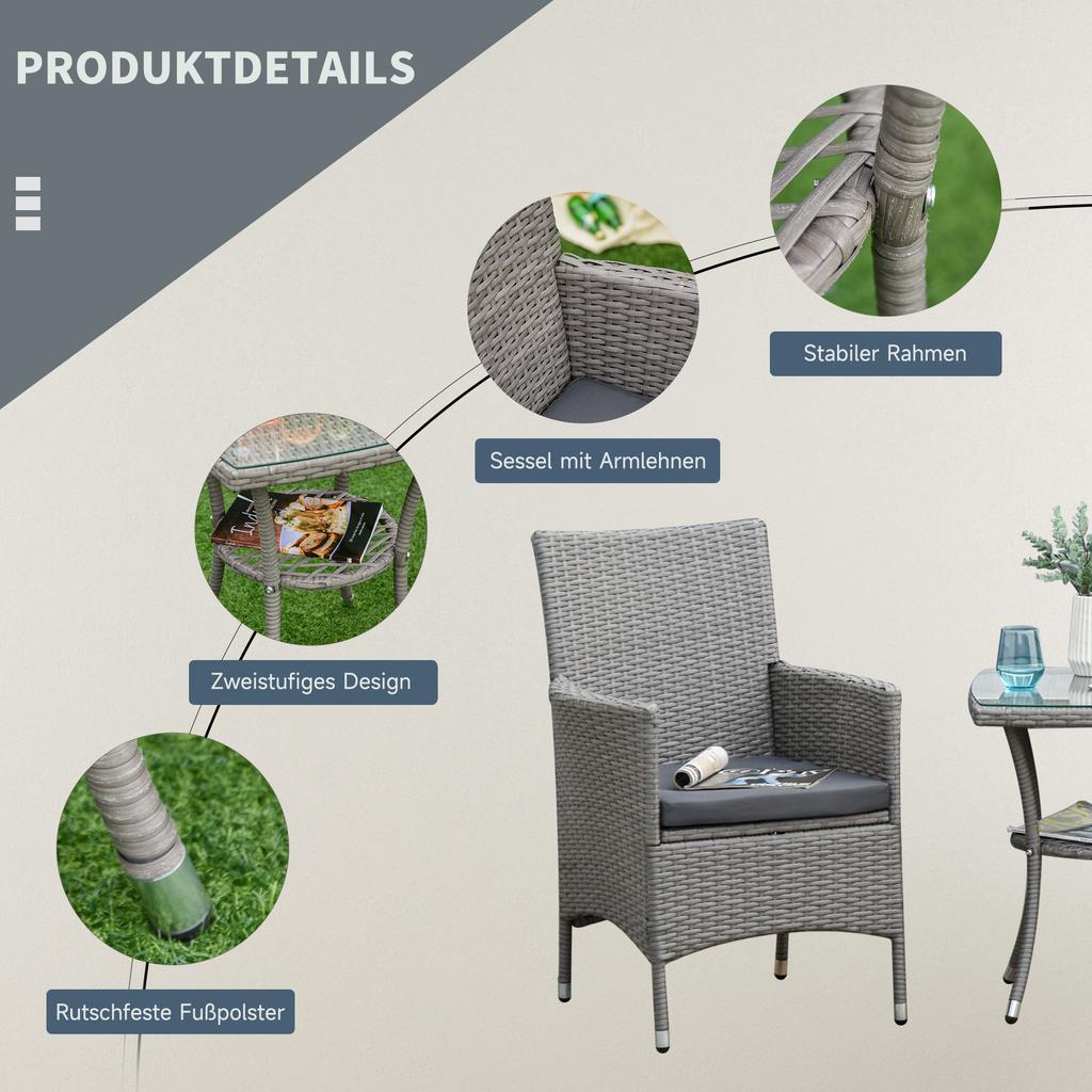 Poly Rattan Garden Furniture Set, Outdoor Lounge Balcony Furniture for 2 People, 3-Piece Seating Group, 2 Chairs, Table, Seat Cushions