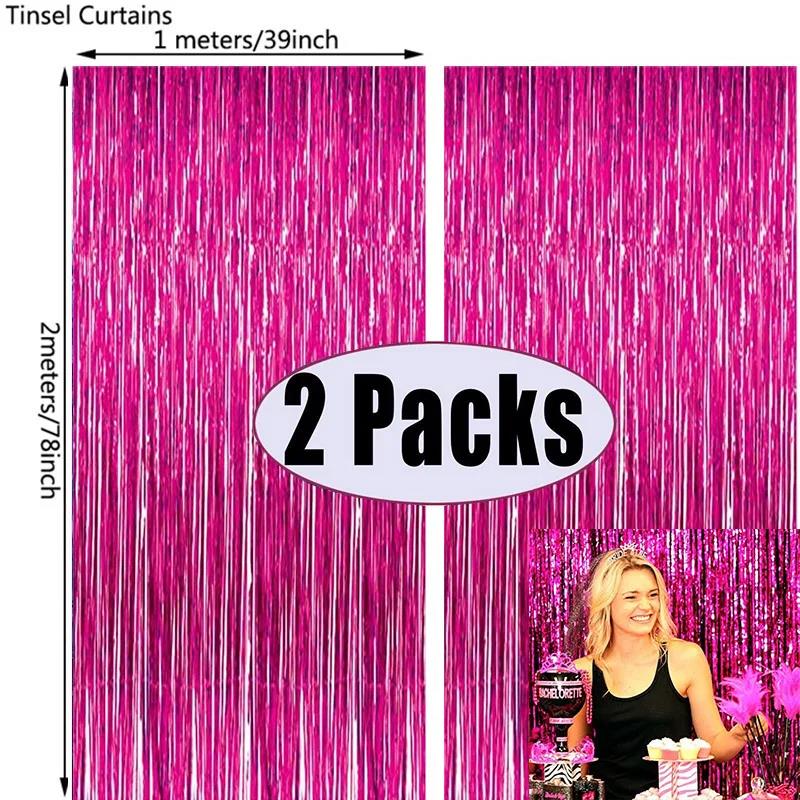 2Pack Metallic Foil Tinsel Fringe Curtain Backdrop Birthday Wedding Bachelorette Party Decoration Adult Anniversary Rose Pink 5
