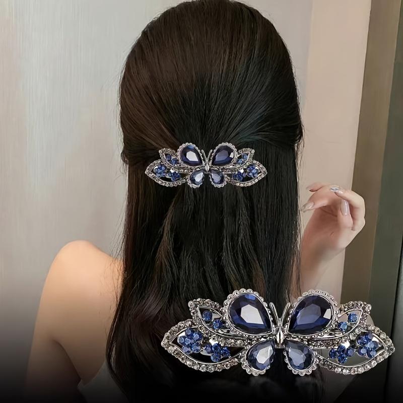 1Pcs Alloy Butterfly Spring Hair Clip, Exquisite Glass Crystal Elegant Horizontal Top Clip for Half Up Hairstyle
