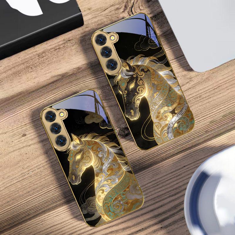 Ruishou Golden Steed Для Samsung Galaxy S26 S20 FE S21 S22 S23Plus S24 Ultra 25Ultra S21+ S9 S22 S8 S23 Золотой стеклянный чехол для телефона