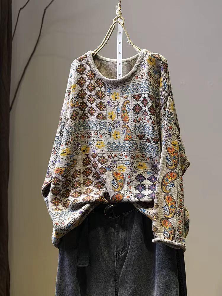 Johnature Vintage Print Loose Casual O-Neck Sweater Woman Winter Niche Long Sleeves Retro Personality Sweaters