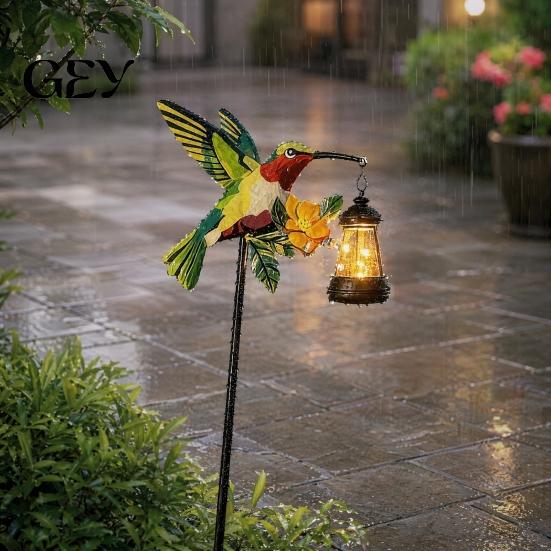 Outdoor Decorative Lanterns Solar Kingfisher Garden Stake Light, Metal Bird Yard Art with Hanging Lantern, Auto-On Automatic Dusk to Dawn Lights