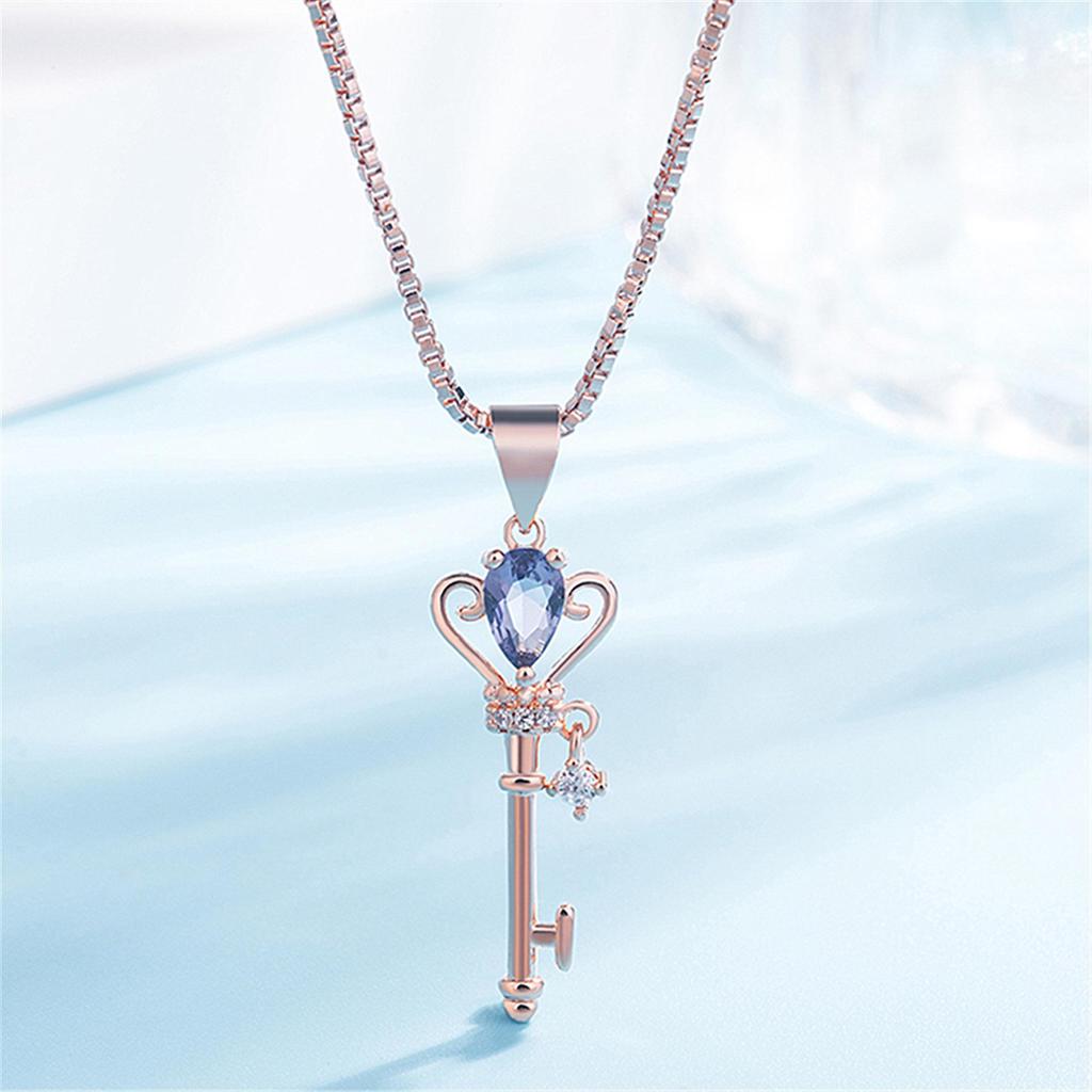 Korean Style 18K Silver Plated Necklace with Rose Quartz, Amethyst, Topaz Gem Key Pendant