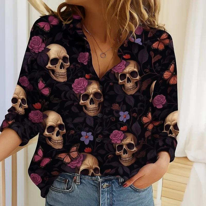 Women's Skull and Flower Print Long Sleeve Shirt, Casual Gothic Style Top, Elegant Tops for Women