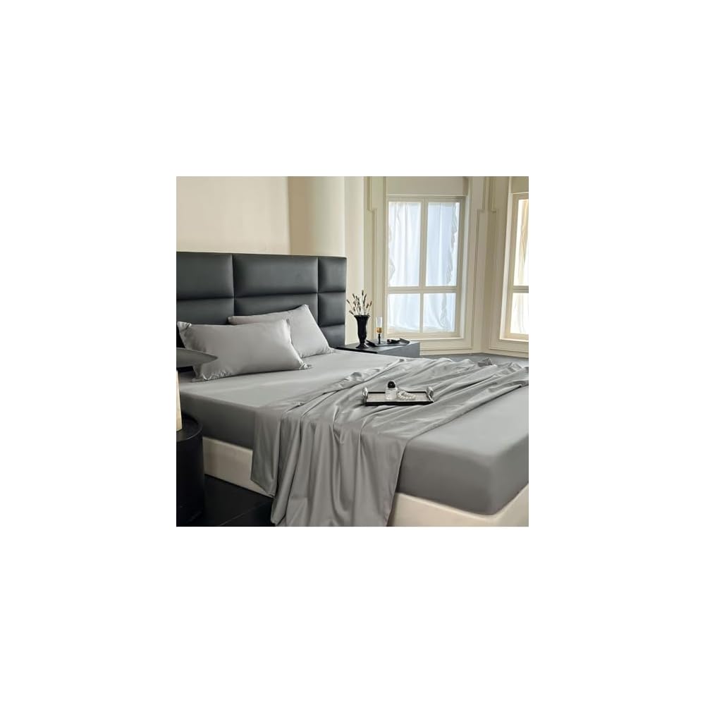 Fitted Sheet, Double Size, 140 x 200 x 30 cm, Gray, 100% Cotton, Satin Weave