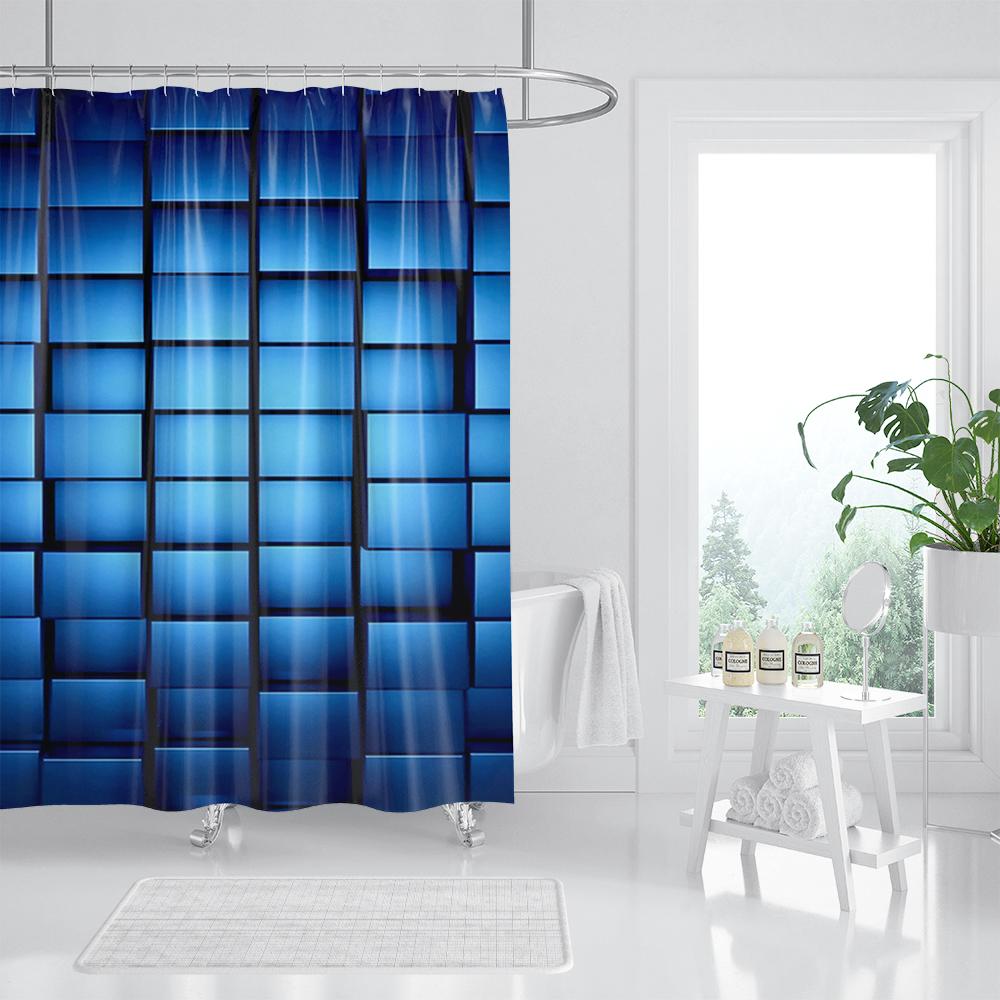 Blue Mosaic Pattern Shower Curtains Waterproof Polyester Bath Curtain Geometrical for Bathroom Home Decor Curtain with Hooks