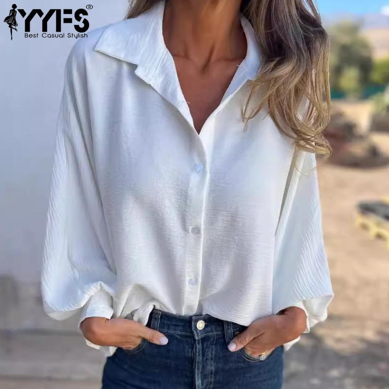 YYFS Женская мода, повседневные весенне-осенние однотонные рубашки-поло с длинным рукавом и принтом, блузки и рубашки
