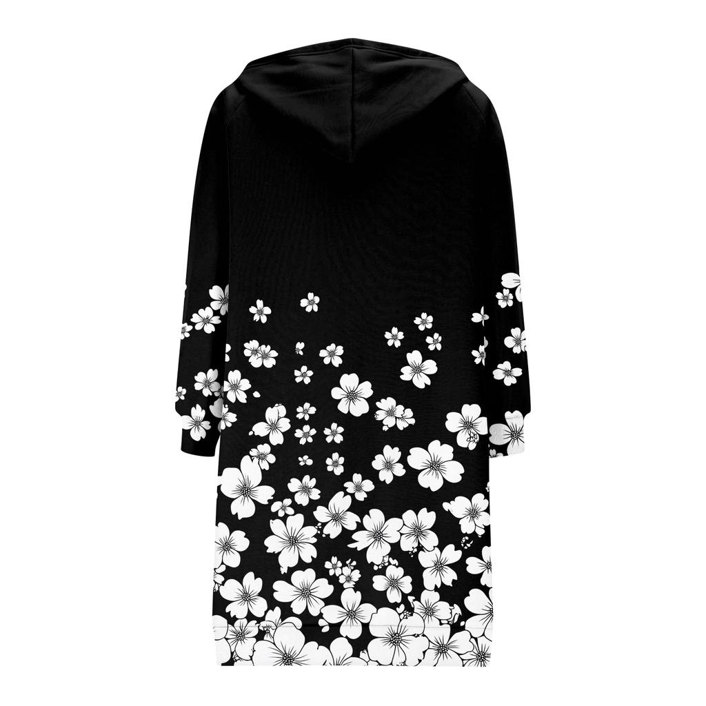 Women's Fashionable Printed Long Sleeved Drawstring Hooded Zipper Pocket Long Casual Sweatshirt Jacket