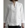 Women White Cotton Linen Irregular Hem Button Decorative Blouse Ladies Stand Collar Long Sleeve Side Split Top
