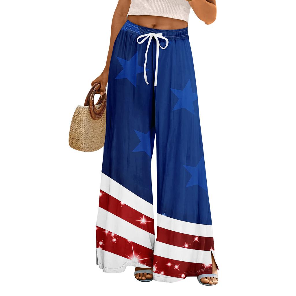 Женские летние брюки-палаццо в стиле бохо с высокой талией, широкие повседневные брюки с принтом и карманами