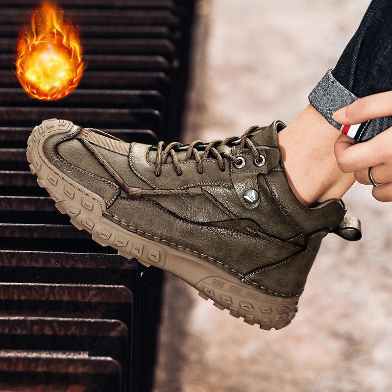 38-46 Модные зимние ботинки для мужчин, плюшевые кожаные ботинки с ручным швом, высокие походные ботинки, нескользящие, теплые, мужские ботинки, большие