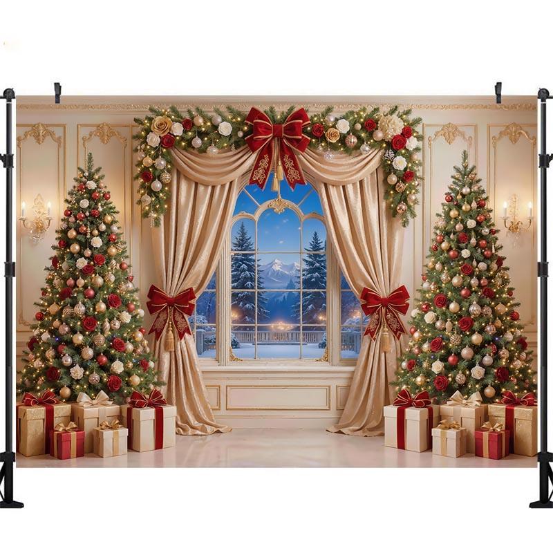 LS Christmas Window Trees Backdrops Kids Baby Photography Props Child Photocall Decors Fireplace Snowy Scene Backgrounds