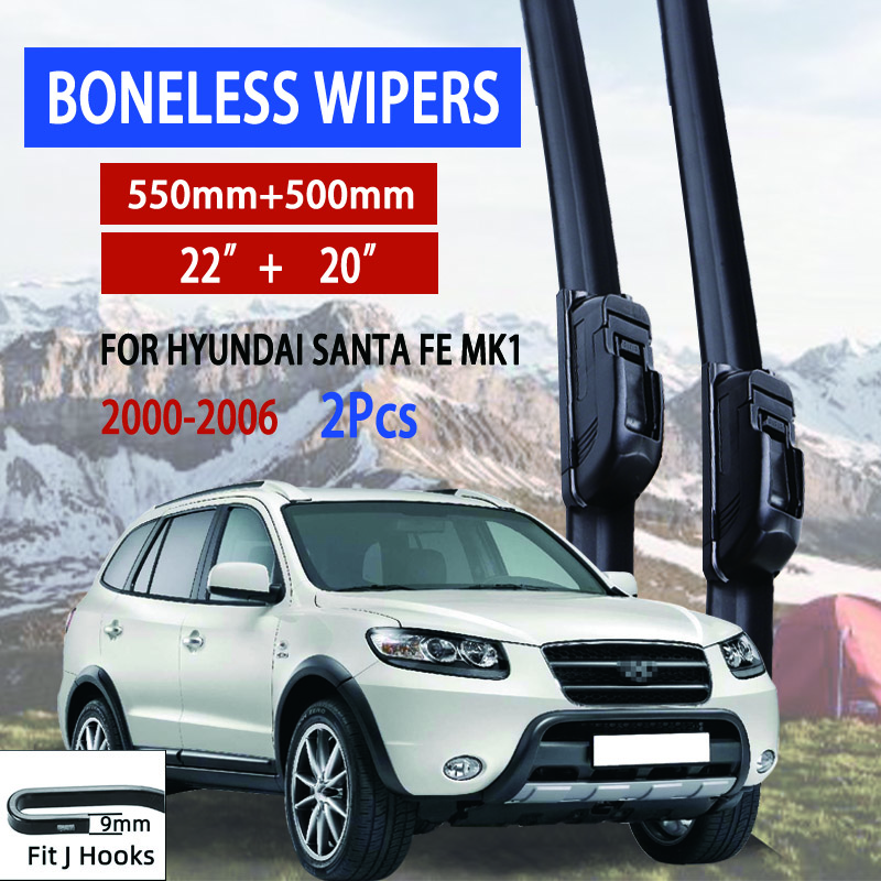 For Hyundai Santa Fe MK1 2000-2006 Car Windshield Wiper U-type Soft Rubber Frameless Bracketless Car Wipers 22"+20"