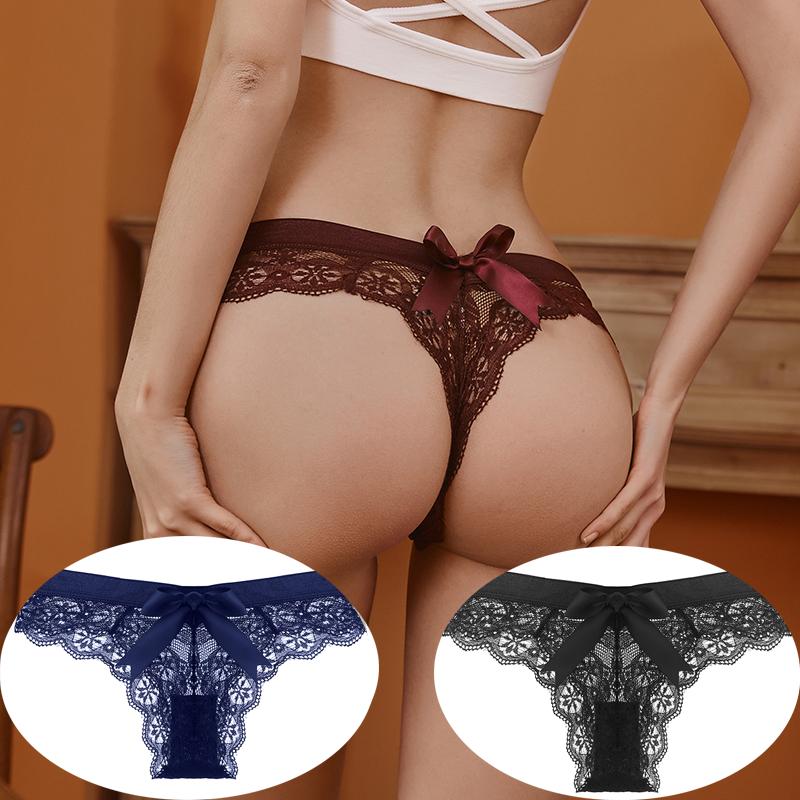 2 шт. женские сексуальные кружевные стринги с бантом и низкой талией, вышитые трусики, эластичное хлопковое нижнее белье