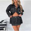 Vintage Denim 2 Piece Sets Women's Mini Skirts Polo Collar Long Sleeve Pockets Tops Hip Package Skirt Lady Streetwear 2025 Spring Summer