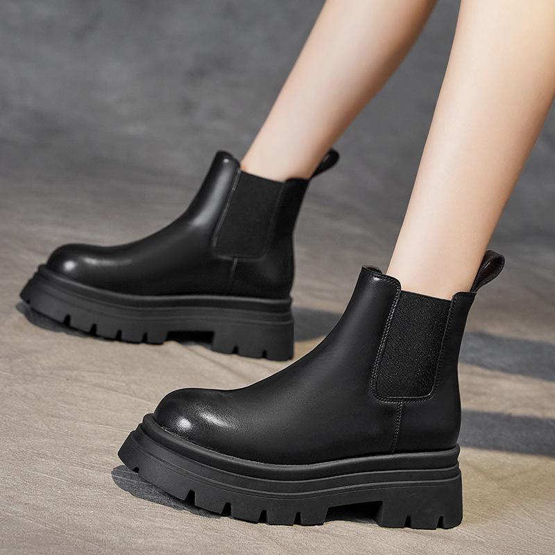 Women's 2024 Spring/Fall Fashionable Thick-Soled Chelsea Boots with Slim Fit and Genuine Leather Thick-Heeled Design