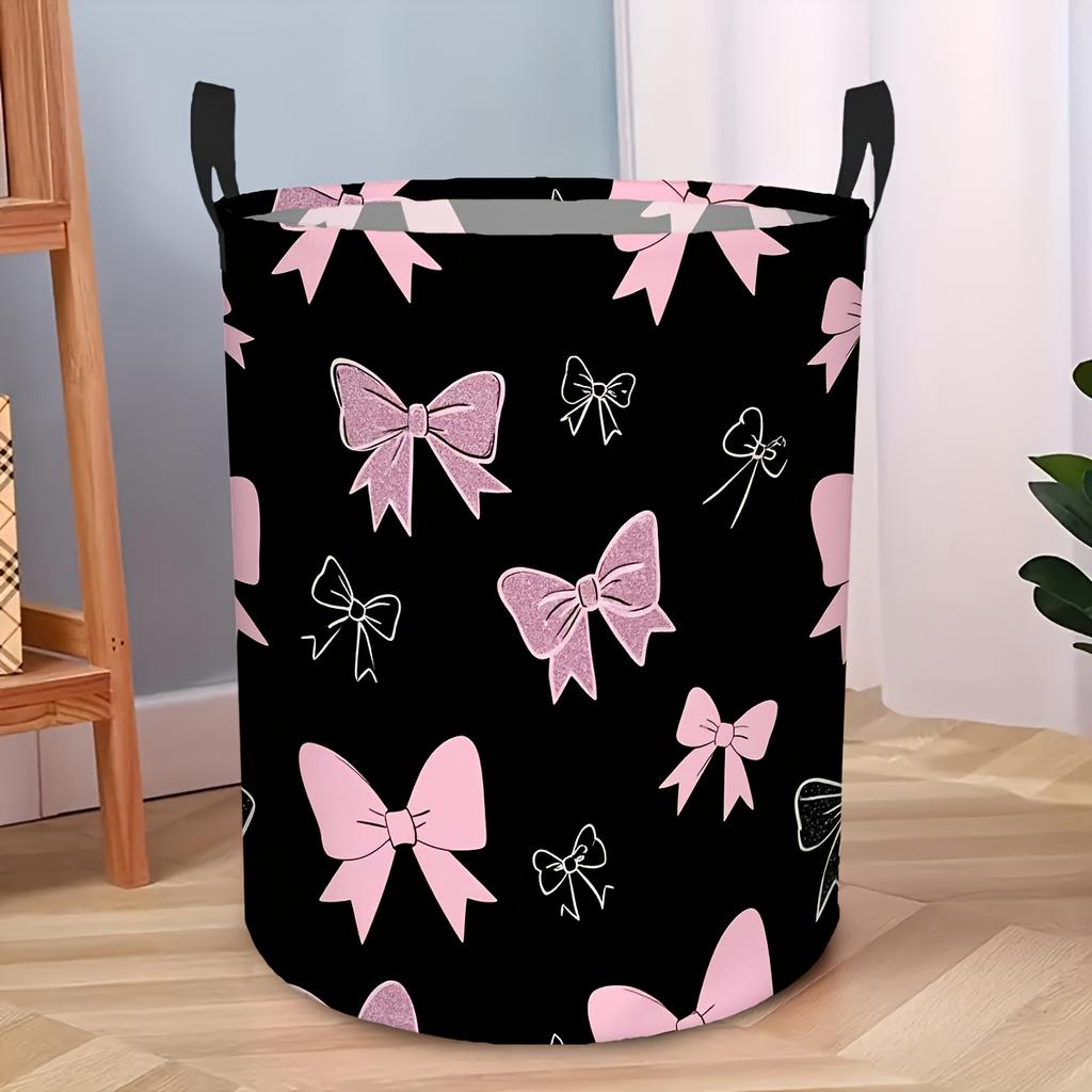 1pc Foldable Round Laundry Basket with Pink Bows - Compact Portable Hamper Suitable for Clothes Storage, Sturdy Organizer with Carry Handle for, Room,