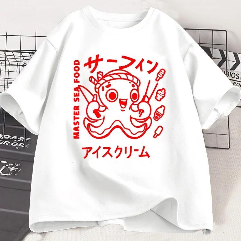 Японская футболка с графическим принтом осьминога, забавная винтажная футболка Y2k для женщин, мягкие топы с коротким рукавом, унисекс, повседневная женская одежда