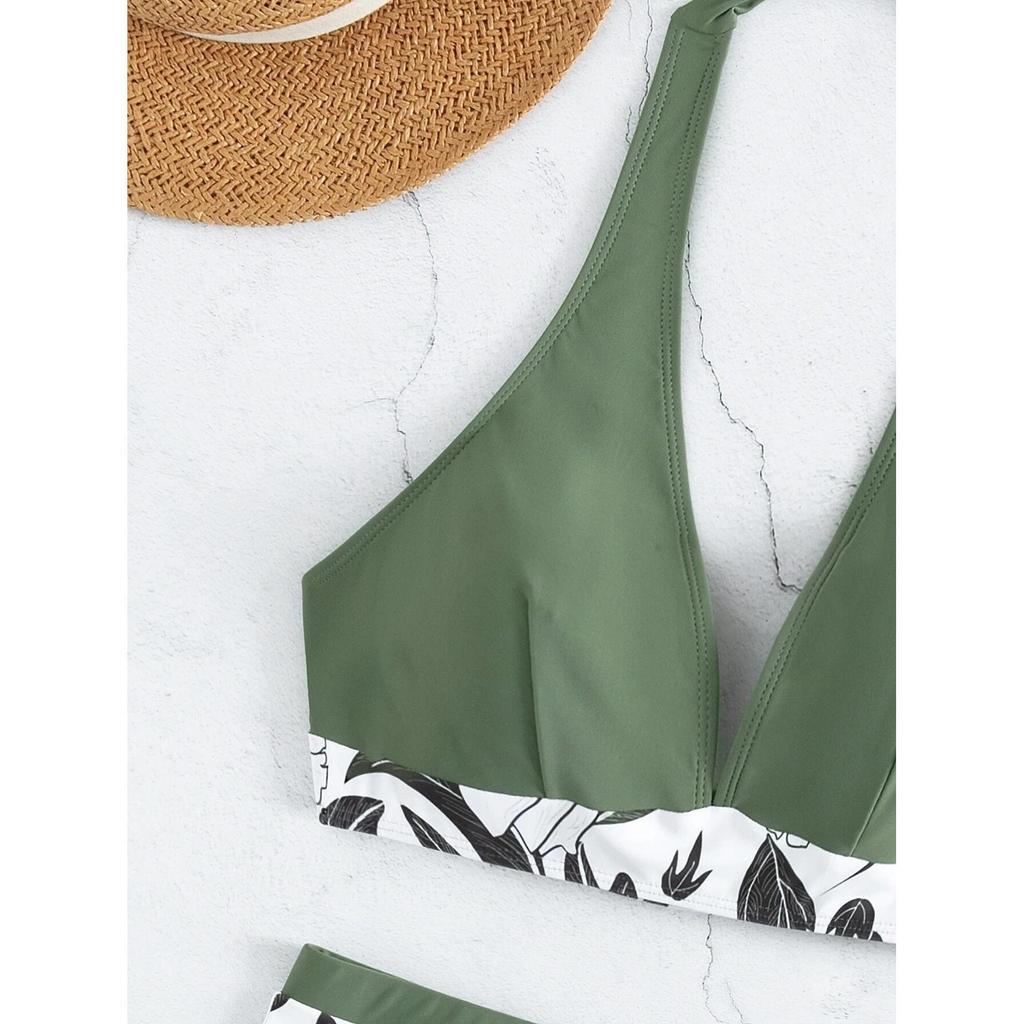 Swimsuit Women's Deep V Neck Split High Waist Flat Angle Lace Up Print Solid Color Swimwear